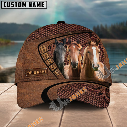 Uni Three Horses Carving Leather Pattern Personalized Name Cap