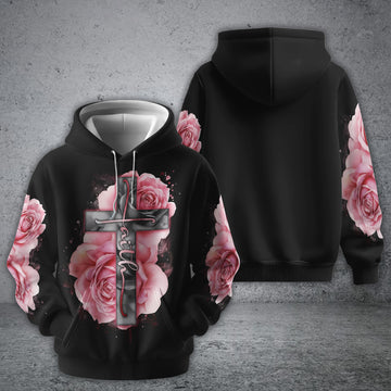 Light Pink Cross Roses Smoke All Over Print 3D Hoodie, Christian Hoodie