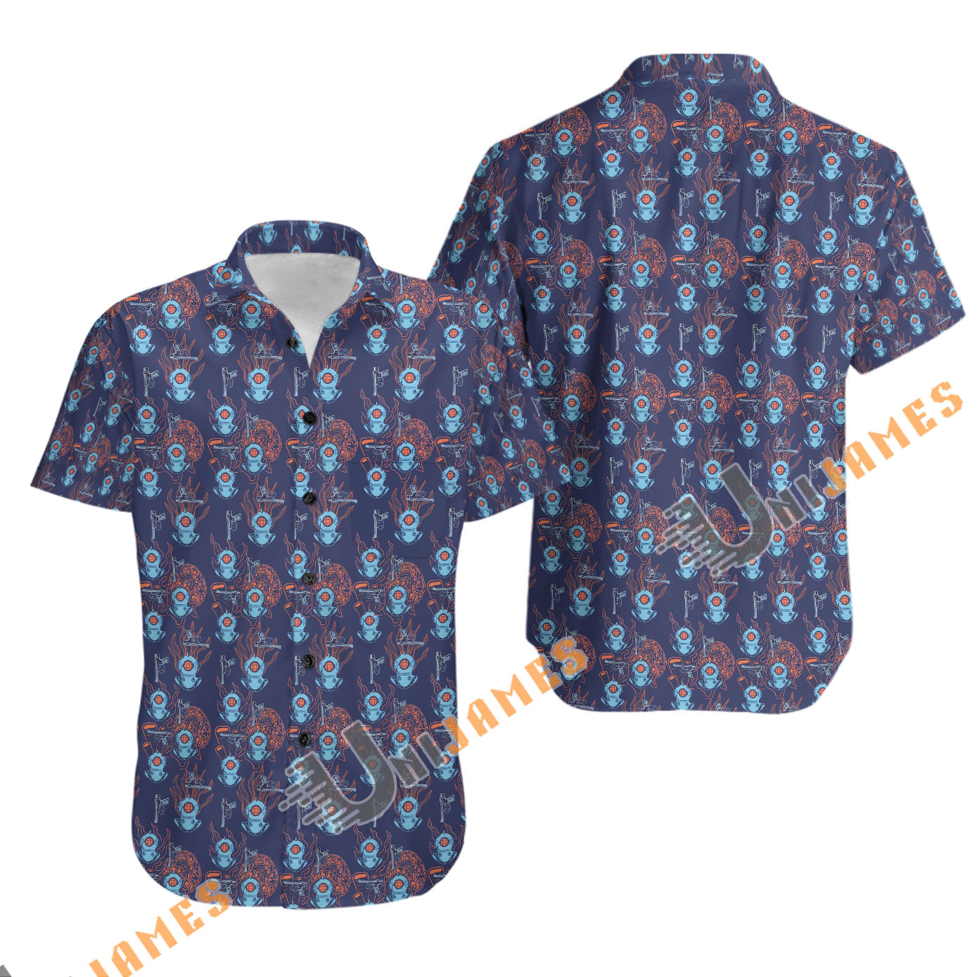 UniJames Comfort Deep Dive (Navy/Orange) Button Shirt, Hawaiian Shirt