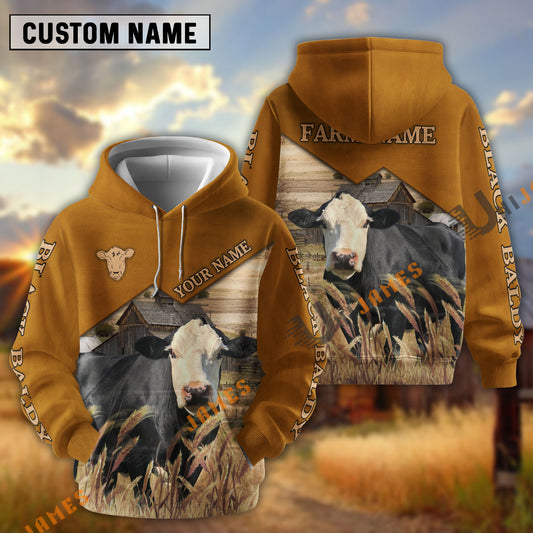 Uni Black Baldy Yellow Leather Pattern Customized Name and Farm Name 3D Hoodie