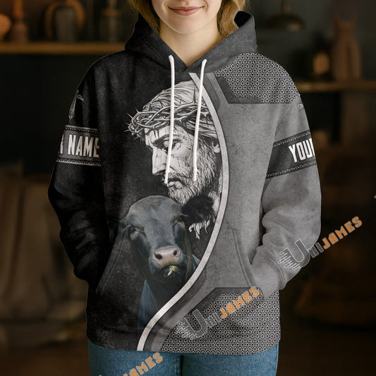 Uni Personalized Name & Farm Name Jesus and Cow Christian Hoodie (10 Cattle Breeds)