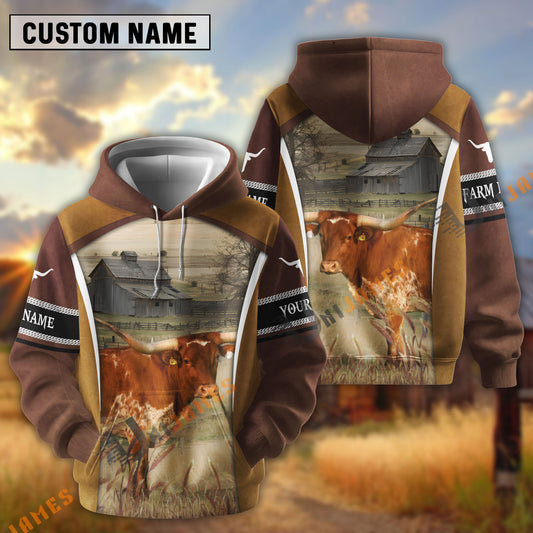 Uni Texas Longhorn Personalized Name and Farm Name Color Mixed 3D Hoodie