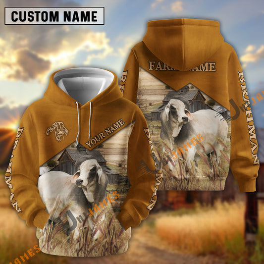 Uni Brahman Yellow Leather Pattern Customized Name and Farm Name 3D Hoodie