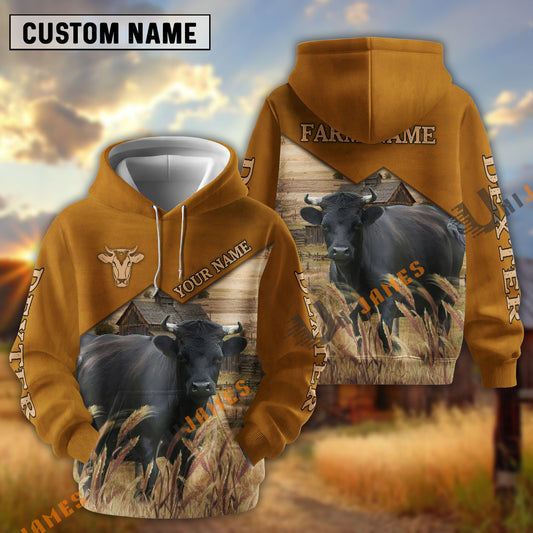 Uni Dexter Yellow Leather Pattern Customized Name and Farm Name 3D Hoodie