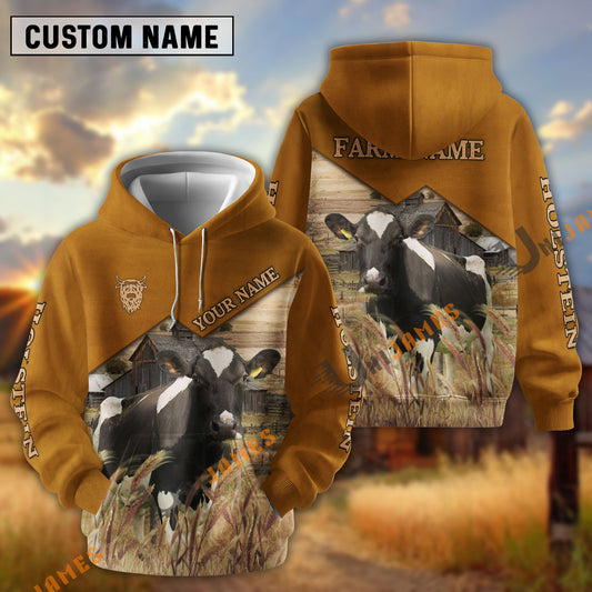 Uni Holstein Yellow Leather Pattern Customized Name and Farm Name 3D Hoodie