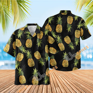 Uni Pineapple Black Hawaiian Shirt Aloha Shirt Short Sleeve Shirt Vacation Hawaiian Outdoor Vacation Hawaiian Shirt