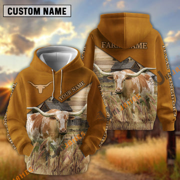 Uni Texas Longhorn Yellow Leather Pattern Customized Name and Farm Name 3D Hoodie