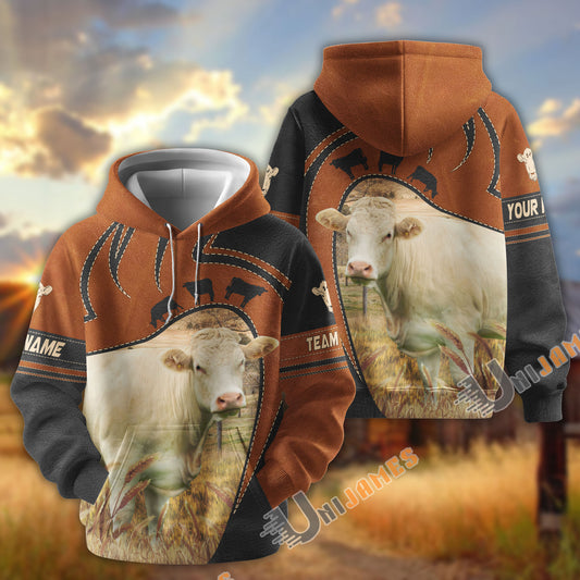 Uni Charolais Leather Pattern Custom Name, Farm Name 3D Hoodie