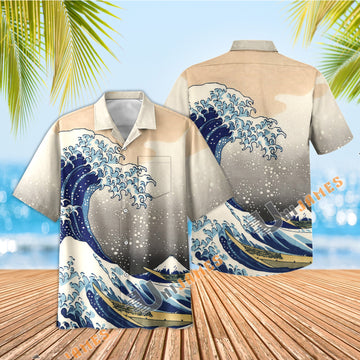UniJames Beige Classic Japanese Wave Ukiyo-e Hawaiian Shirt