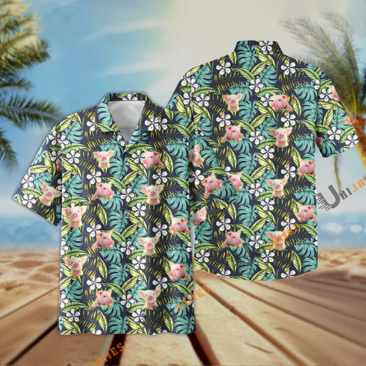 Uni Pig Summer Blue Flowers 3D Hawaiian Shirt