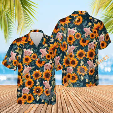 Uni Pig Sunflowers Blue 3D Hawaiian Shirt