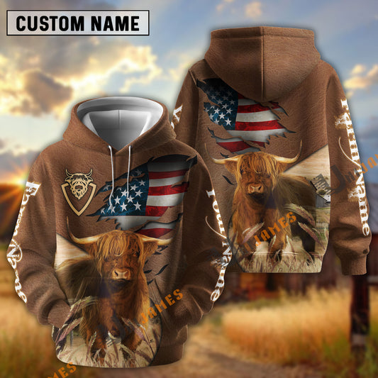 UniJames American Flag Leather Pattern Highland Cattle Personalized Name And Farm Name 3D Hoodie