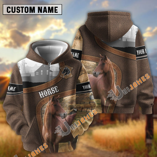 Uni Horse Light Leather Pattern Personalized Name and Farm Name Color Mixed 3D Hoodie