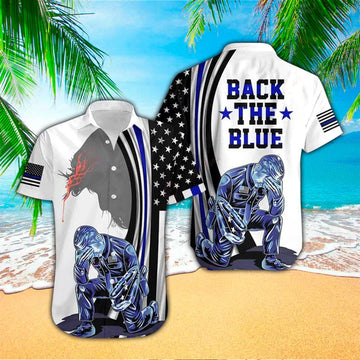 UniJames Back The Blue Police Flag American Jesus Christ All Over Printed Hawaiian Shirt - Christian Hawaiian Shirt for Men Women