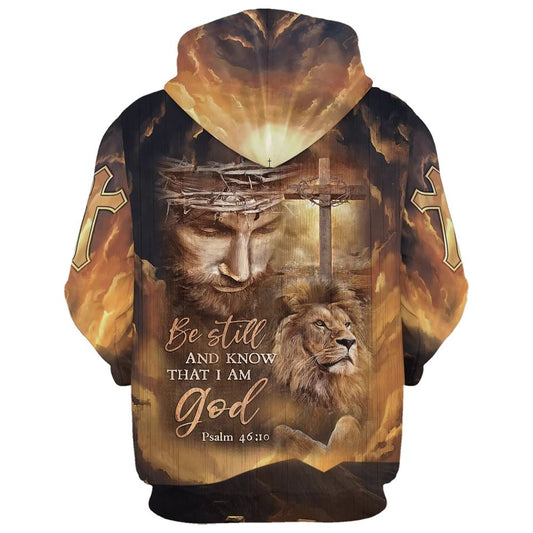 Uni Be Still And Know That I Am God The Face Of Jesus, Lion And Cross Hoodie