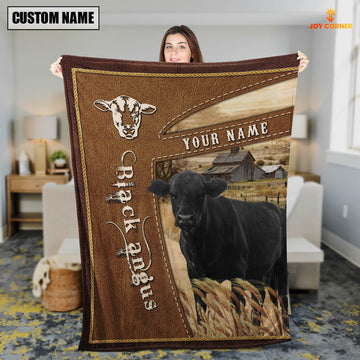 Uni Personalized Name Black Angus Farm Leather Brown Blanket