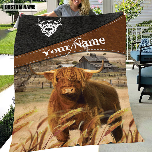 Uni Highland Cattle On The Field Customized Name 3D Blanket