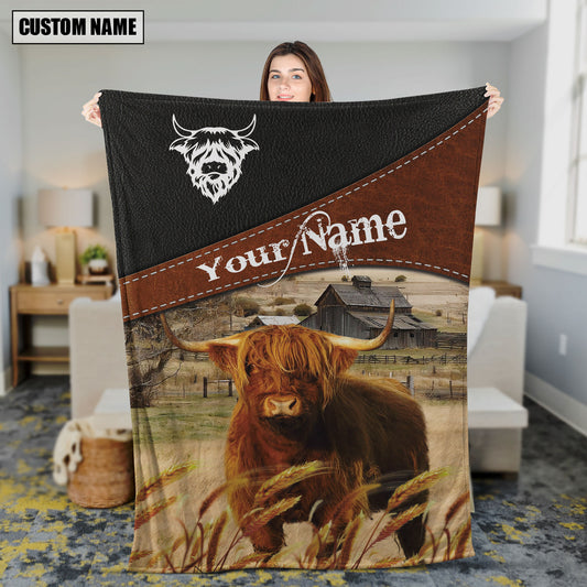 Uni Highland Cattle On The Field Customized Name 3D Blanket