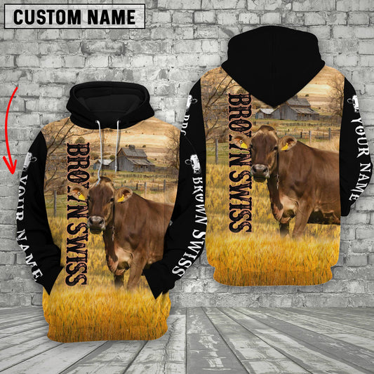 Uni Personalized Name Brown Swiss Cattle On The Farm 3D Shirt