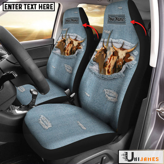 Uni Texas Longhorn Personalized Name Leather Pattern Car Seat Covers Universal Fit (2Pcs)