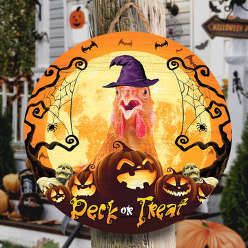 Uni Chicken Peck Or Treat Round Wooden Sign