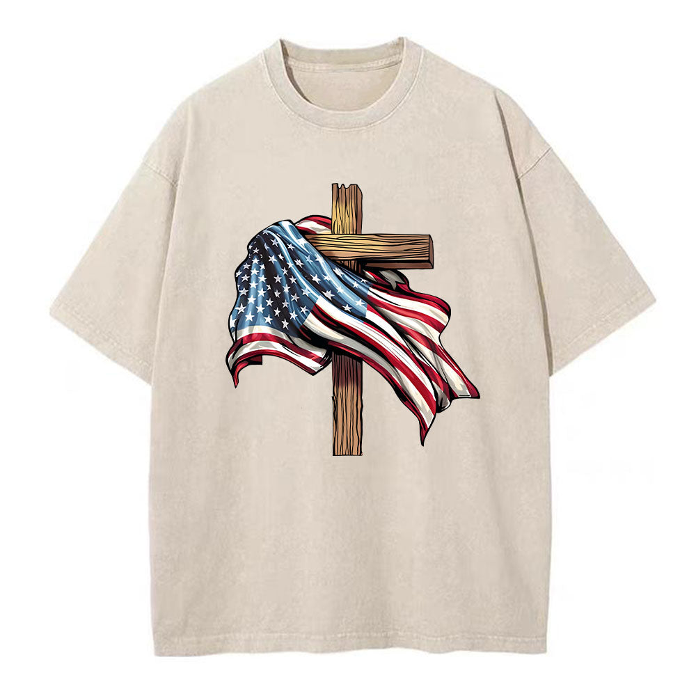 Cross Flag Christian Washed TShirt  