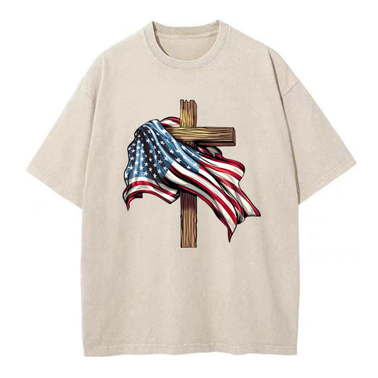 Cross Flag Christian Washed TShirt  