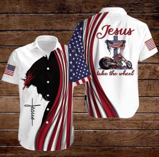 UniJames Cross Jesus Bible Americal Flag Biker Jesus Take The Wheel Hawaiian Shirt - Christian Hawaiian Shirts For Men & Women