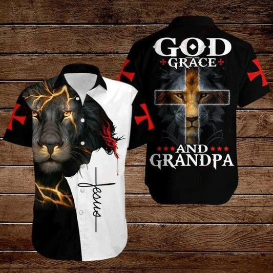 UniJames Cross Jesus Bible Lion God Grace And Grandpa Hawaiian Shirt - Christian Hawaiian Shirts For Men & Women