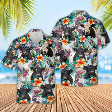 Uni Belted Galloway Colorful Leaf Pattern Hawaiian Shirt