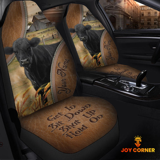 Uni Black Angus Customized Name Leather Pattern Car Seat Covers (2Pcs)