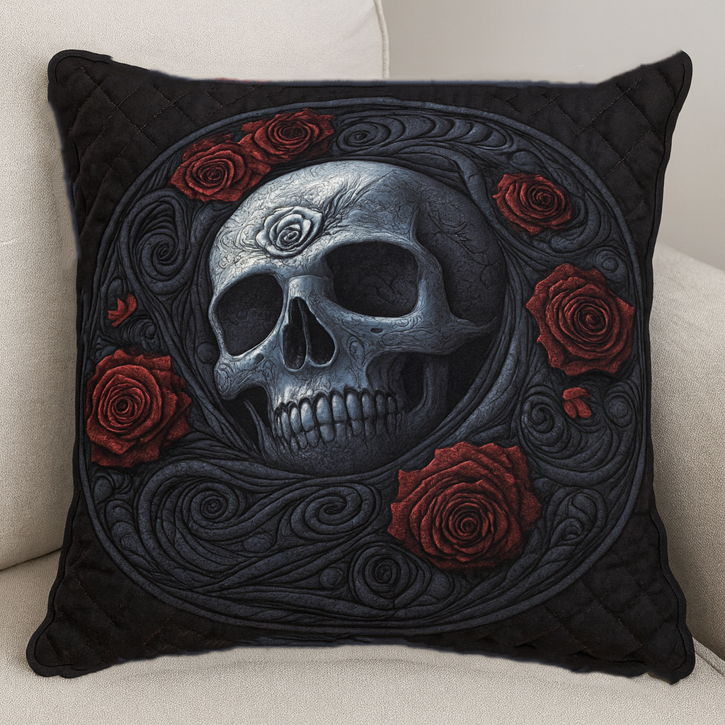 Dark Rose Skull Quilted Pillow Case NCU0NT9925