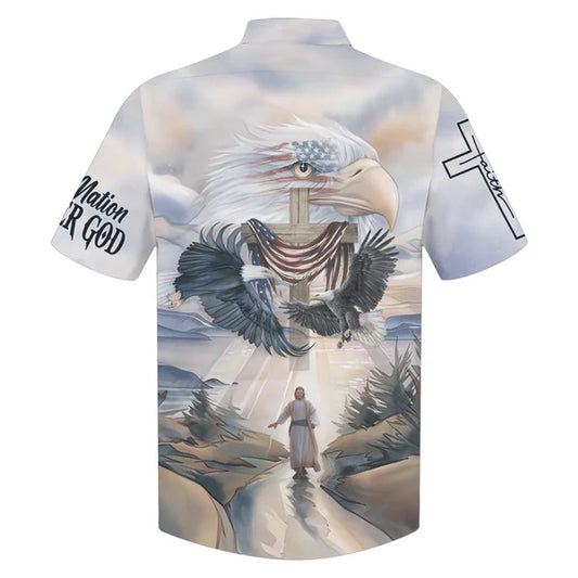 UniJames Eagles Flying Around Cross United States One Nation Under God Hawaiian Shirts - Christian Hawaiian Shirt - Hawaiian Summer Shirts