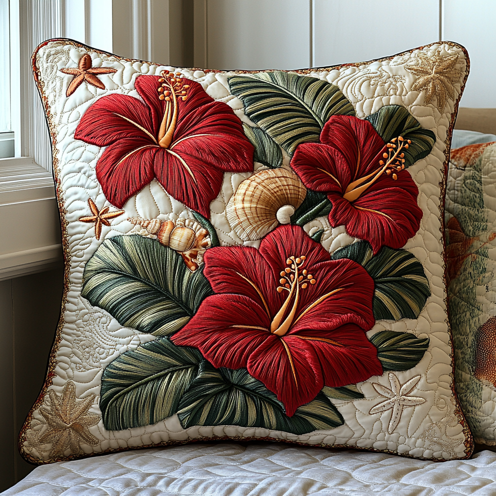 Elegant Hibiscus Quilted Pillow Case NCU0DV5356