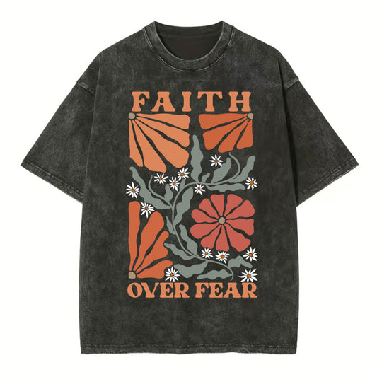 Faith Over Fear Boho Flower Christian Washed TShirt  