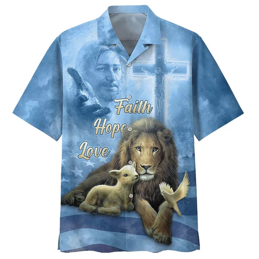 UniJames Faith Hope Love Hawaiian Shirt - Jesus Lion And The Lamb Hawaiian Shirts For Men - Christian Hawaiian Shirt