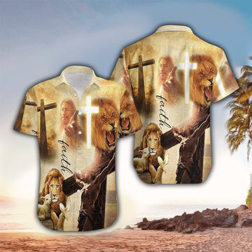 UniJames Faith Lion Lamb Jesus 3d Hawaiian Shirt - Christian Hawaiian Shirts For Men & Women