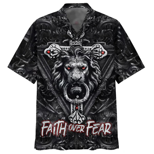 UniJames Faith Over Fear Gothic Lion Black Hawaiian Shirts - Christian Hawaiian Shirt - Hawaiian Shirts For Men