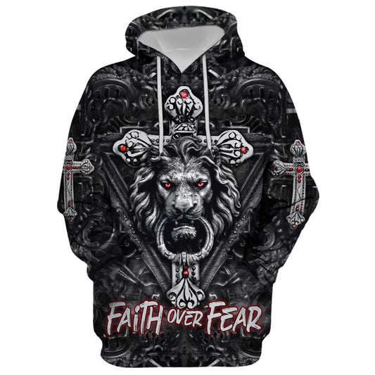 Uni Faith Over Fear, Gothic Lion Black Hoodie For Men & Women, God 3D Printed Hoodie, Christian Apparel Hoodies