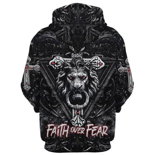 Uni Faith Over Fear, Gothic Lion Black Hoodie For Men & Women, God 3D Printed Hoodie, Christian Apparel Hoodies