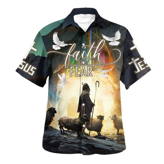 UniJames Faith Over Fear Hawaiian Shirt - Jesus And The Sheep Hawaiian Shirts For Men And Women - Christian Hawaiian Shirt - Hawaiian Summer Shirts