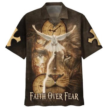 UniJames Faith Over Fear Hawaiian Shirt - Jesus Lion And Dove Hawaiian Shirts - Christian Hawaiian Shirt - Hawaiian Shirts For Men