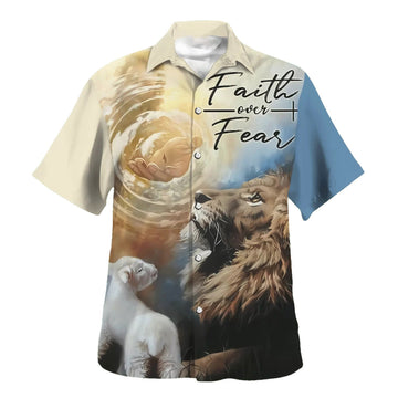 UniJames Faith Over Fear Hawaiian Shirt - Jesus Lion And Lamb Hawaiian Shirts For Men - Christian Hawaiian Shirt - Hawaiian Summer Shirts