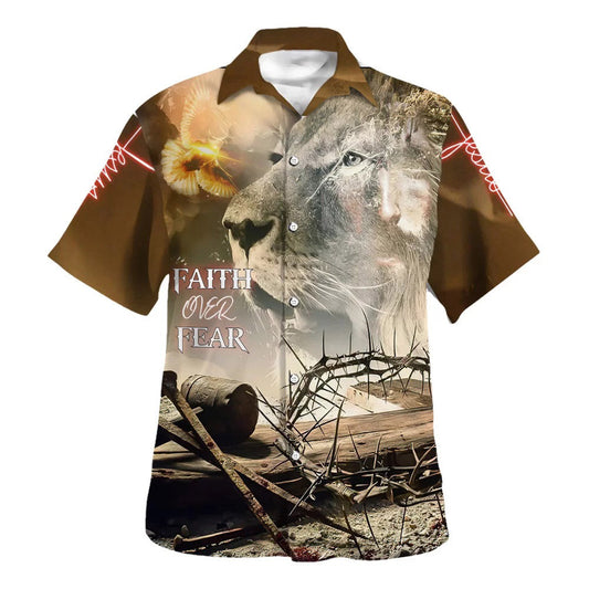 UniJames Faith Over Fear Hawaiian Shirt - Lion And Crown Of Thorns Hawaiian Shirts For Men - Christian Hawaiian Shirt - Hawaiian Summer Shirts