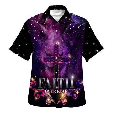 UniJames Faith Over Fear Hawaiian Shirt - The Lion Cross Hawaiian Shirts For Men - Christian Hawaiian Shirt - Hawaiian Summer Shirts