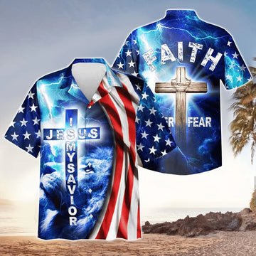 UniJames Faith Over Fear Jesus Is My Savior Jesus Hawaiian Shirt - Christian Hawaiian Shirt for Men Women