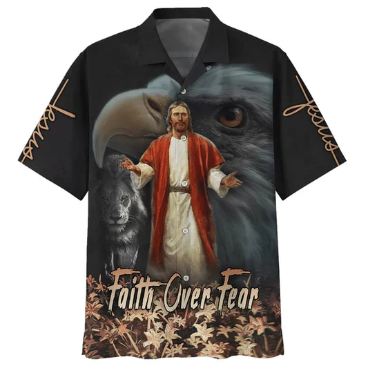 UniJames Faith Over Fear Jesus Lion Eagle Hawaiian Shirts - Christian Hawaiian Shirt - Hawaiian Shirts For Men