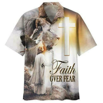 UniJames Faith Over Fear Jesus Lion Hawaiin Shirt - Christian Hawaiin Shirt For Men & Women