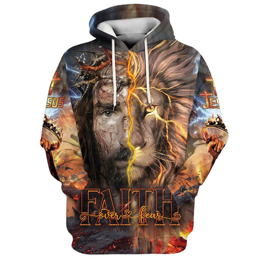 Uni Faith Over Fear Jesus Lion Hoodies Jesus Hoodie Men & Women, God 3D Printed Hoodie, Christian Apparel Hoodies