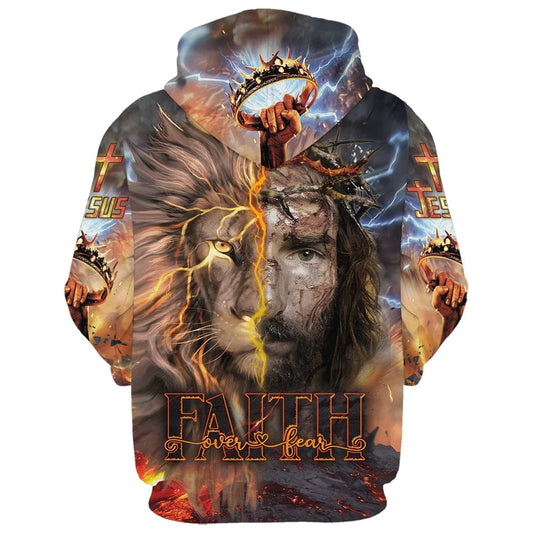 Uni Faith Over Fear Jesus Lion Hoodies Jesus Hoodie Men & Women, God 3D Printed Hoodie, Christian Apparel Hoodies